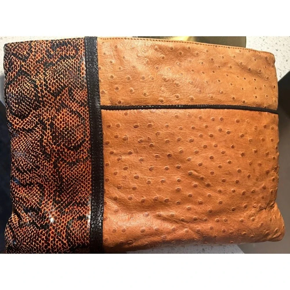 Liza‎ Ganz Vintage Brown Ostrich and Snake Skin Clutch Evening Bag Avant Garde